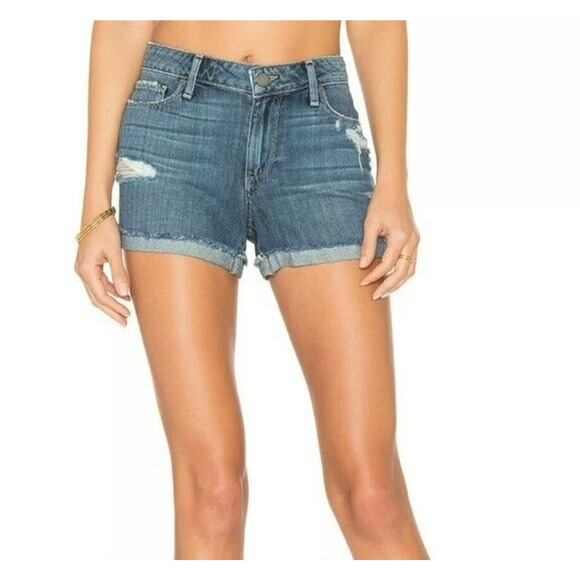 PAIGE Pants - PAIGE Jimmy Jimmy Mid Rise Denim Jean Shorts Blue Cut Off Cuffed Raw‎ Hem Sz 27
